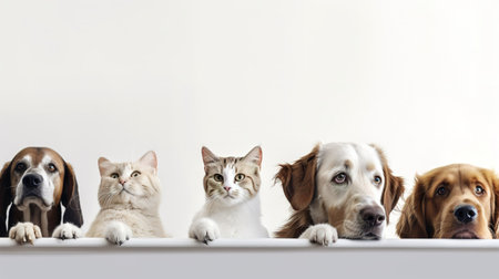 group of different breeds of dogs and cats in a row on a white background. generative aiの素材