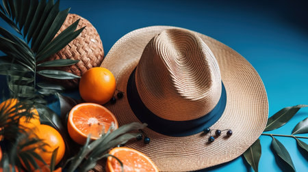 Summer composition with tropical leaves, oranges and hat on blue background. generative aiの素材