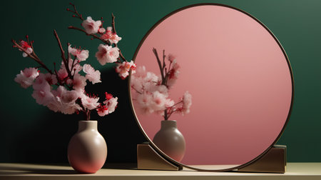 cherry blossom in vase and round mirror on green background. generative aiの素材