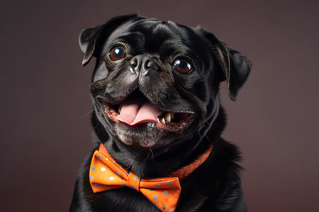 Cute black pug dog with orange bow tie on dark background. generative aiの素材
