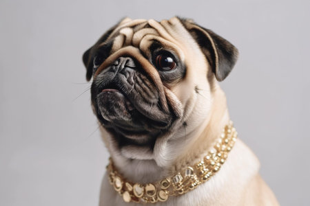 Portrait of a pug dog with golden collar on gray background. generative aiの素材