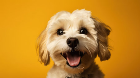Studio shot of a cute Shih Tzu puppy on yellow background. generative aiの素材