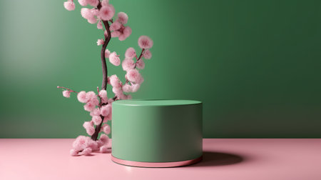 minimal product display podium with cherry blossom branch. generative aiの素材