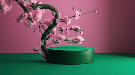 Podium for product display with cherry blossom tree in the background. generative aiの素材