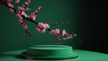 Cherry blossom and pedestal on green background. generative aiの素材