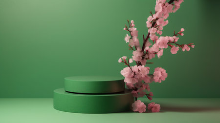 Product display podium with cherry blossom and green background. generative aiの素材