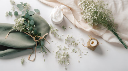 Flat lay composition with gypsophila flowers on white background. generative aiの素材