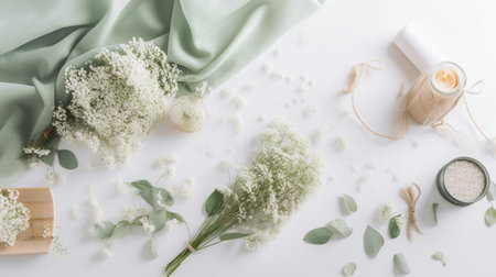 Flat lay composition with gypsophila flowers on white background. generative aiの素材