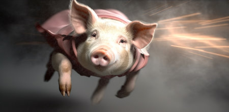 3d illustration of a pig in a pink cape flying in the air. generative aiの素材