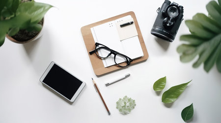 Flat lay office desk table with blank notepad, camera, glasses, pen and plant. generative aiの素材