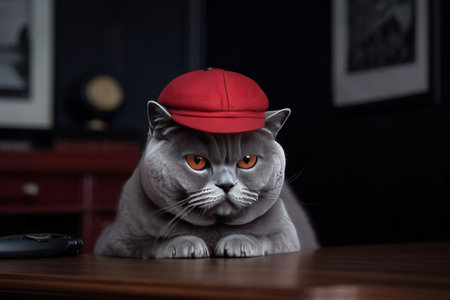 British shorthair cat in a red cap on a wooden table. generative aiの素材
