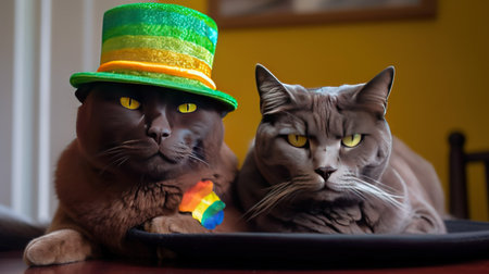 two british shorthair cats in green leprechaun hat. generative aiの素材
