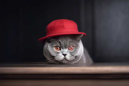 British Shorthair cat in a red hat on a black background. generative aiの素材