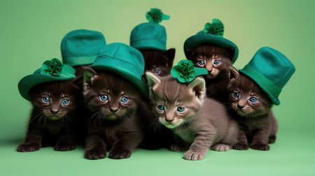Group of cats in green leprechaun hats on green background. generative aiの素材