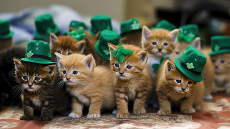 Group of small ginger kittens in green leprechaun hats for St. Patrick's Day. generative aiの素材