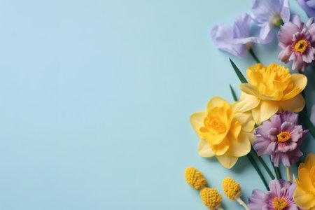 Bouquet of daffodils and crocus on blue background. generative aiの素材