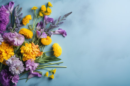 Bouquet of spring flowers on blue background. Flat lay, top view. generative aiの素材