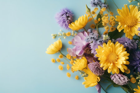 Bouquet of wildflowers on a blue background, top view. generative aiの素材