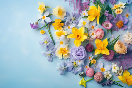Spring flowers and easter eggs on blue background with copy space. generative aiの素材