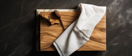 Wooden cutting board with a towel and a wooden spoon on a black background. generative aiの素材