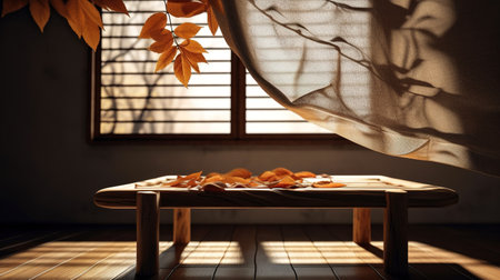 Japanese style wooden bench in the room with autumn leaves. generative aiの素材