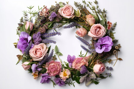 Beautiful floral wreath on white background, top view. Space for text. generative aiの素材