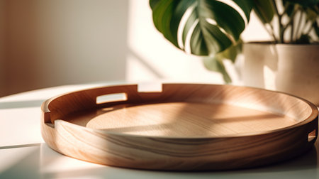 Wooden tray on a white table with a plant in a pot. generative aiの素材