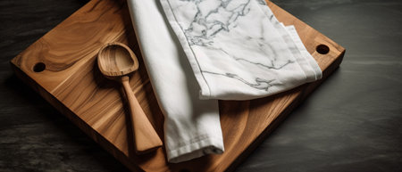 Wooden cutting board with napkin and wooden spoon on black background. copy space. generative aiの素材