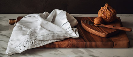 Wooden cutting board with napkin and wooden spoon on black background. copy space. generative aiの素材