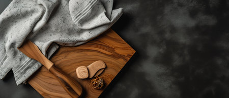 Wooden cutting board with napkin and wooden spoon on black background. copy space. generative aiの素材