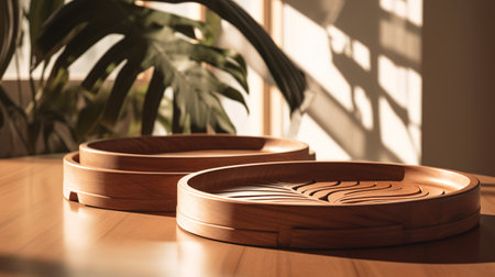 Wooden saucers on the table in the room with a green plant. generative aiの素材