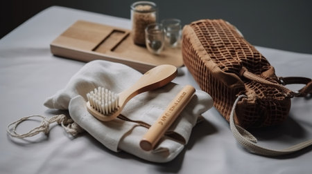 Zero waste lifestyle concept. Eco-friendly bamboo toothbrush, reusable bag, glass of water and wooden cutting board. generative aiの素材