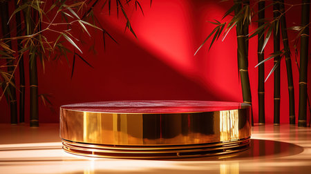 Golden podium on red background. Luxury pedestal for product presentation. generative aiの素材
