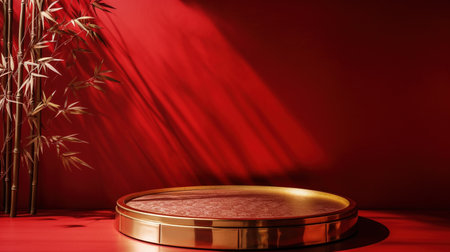Golden podium on red background. Luxury pedestal for product presentation. generative aiの素材