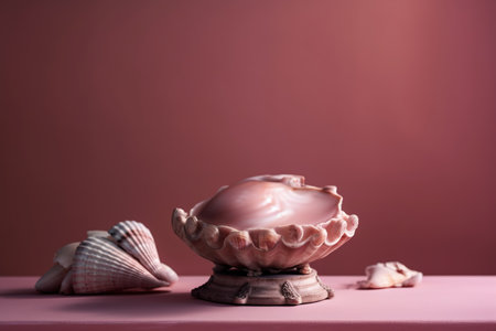 Ceramic tableware with seashells on pink background. generative aiの素材