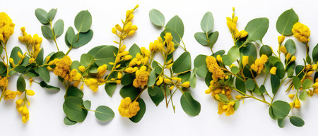 Yellow flowers and eucalyptus branches on a white background. generative aiの素材