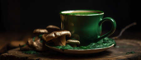 Cup of green tea with mushrooms on a wooden table. Dark background. generative aiの素材