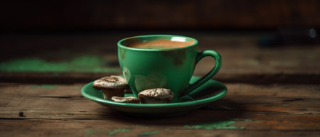 Cup of coffee with mushrooms on old wooden table, selective focus. generative aiの素材