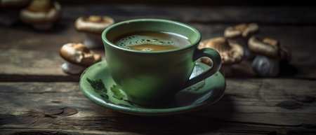 Cup of coffee and mushrooms on old wooden table, selective focus. generative aiの素材