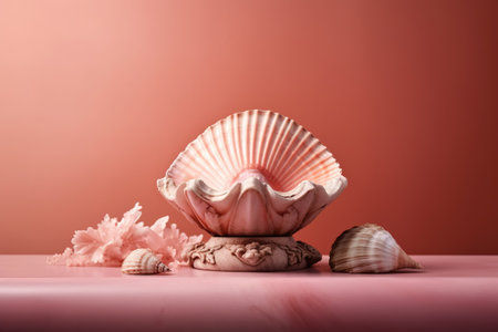 Beautiful seashells on a pink background. Minimalism. generative aiの素材