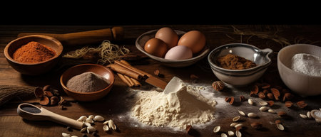 Baking ingredients on a wooden table. Eggs, flour, sugar, milk, cinnamon, anise, almond, spices. Baking background. generative aiの素材