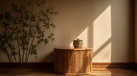 Wooden table in the room with bamboo wall and shadow from sunlight. generative aiの素材