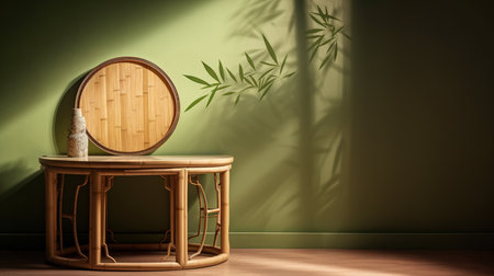 Wooden chest of drawers in room with green wall. generative aiの素材