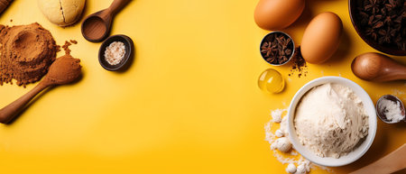 Baking ingredients and utensils on yellow background, top view. generative aiの素材