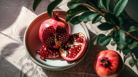 Ripe pomegranates on a plate on a light background. generative aiの素材