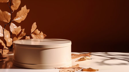 Cosmetic cream jar with autumn leaves on a brown background. Beauty product concept. generative aiの素材