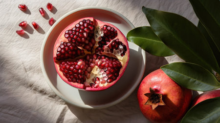 Ripe pomegranate fruit with leaves on a white background. generative aiの素材