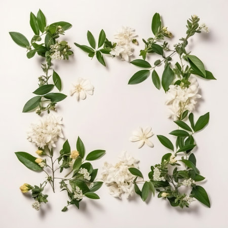 Flowers composition. Frame made of jasmine flowers on white background. Flat lay, top view, copy space. generative aiの素材