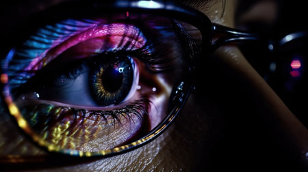Close-up of a woman's eye with glasses in the dark. generative aiの素材
