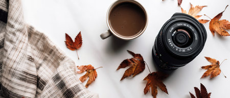 top view of camera, cup of coffee and autumn leaves on white background, panoramic shot. generative aiの素材
